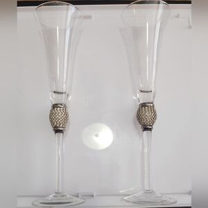 Primo Champagne Glasses w/ Rhinestone Accents & Polished Silver Rims Set Of 2